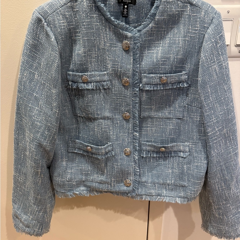 Bloomingdales Aqua Womens Light Blue Tweed Fringe Jacket